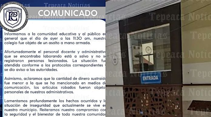Colegio Pinar del Carmen de Tepeaca aclara que monto de lo robado en asalto, fue menor.