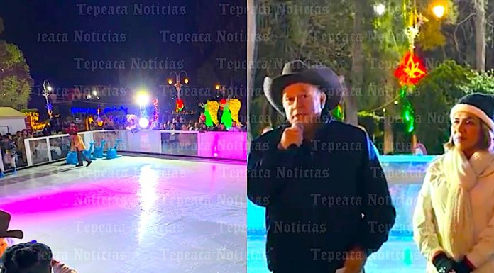 Inaugura Velázquez Romero pista de hielo”Tepeaca Brilla en Navidad “en el zócalo.