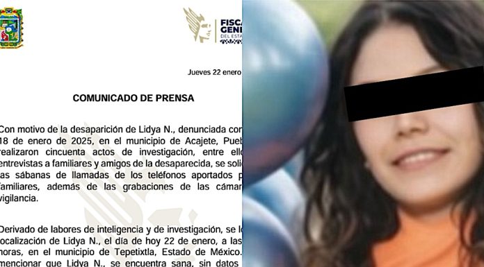 Confirma Fiscalía de Puebla que fue localizada con vida Lidya Valdivia Juárez ; desapareció en Acajete .